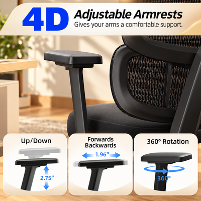 4D adjustable armrest with up and down, forward and backward adjustment and 360 degree rotation