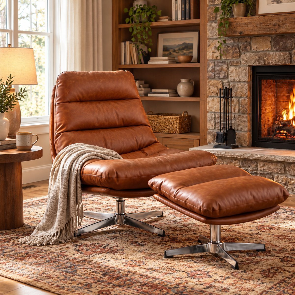 Swivel lounge chair and ottoman beside a stone fireplace and bookshelves