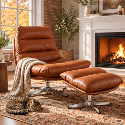 Faux leather lounge chair and ottoman by a fireplace with a cat on the rug