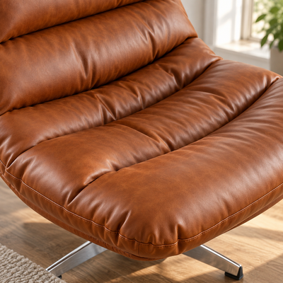 Close-up of the channel-padded faux leather seat and curved backrest