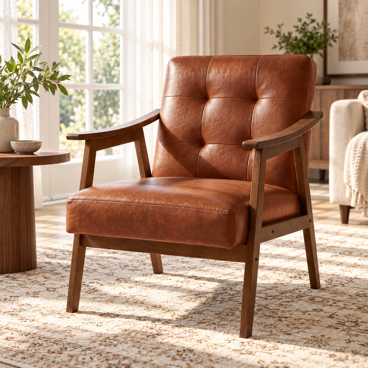 Cognac brown button-tufted faux leather armchair with curved wood arms and splayed legs