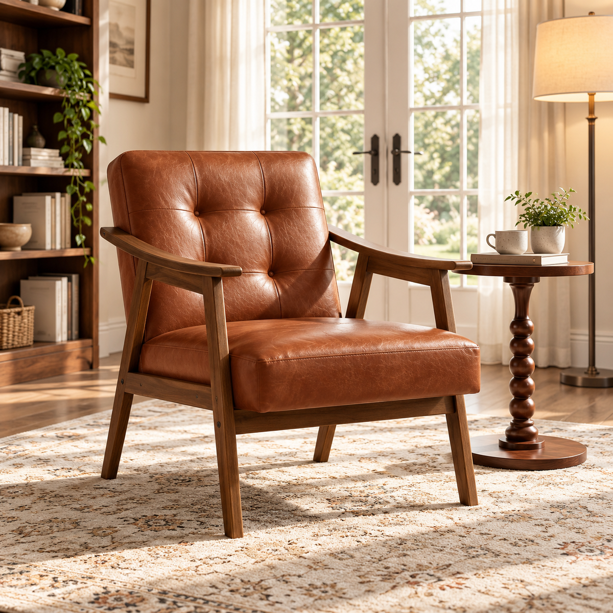 Brown faux leather mid-century armchair in a sunlit living room beside a bookshelf