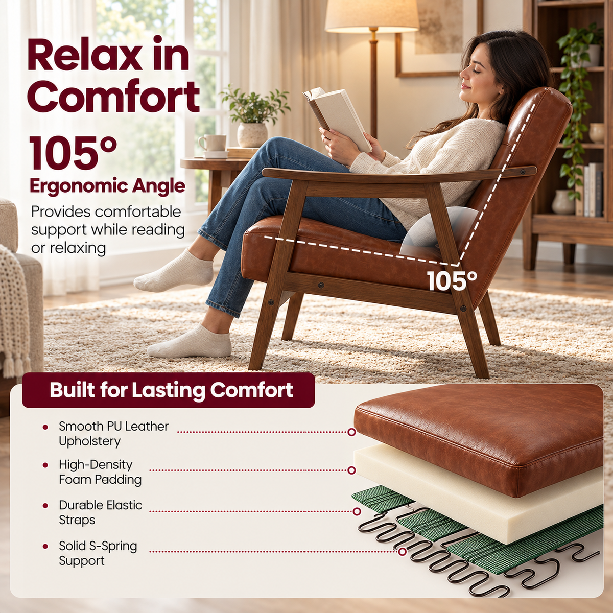 Woman reading in the armchair with its 105 degree backrest and a cutaway of the foam, straps and S-spring seat