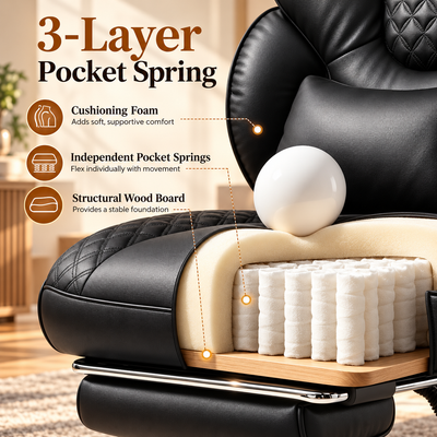 Three-layer pocket spring cushioning in the seat and back
