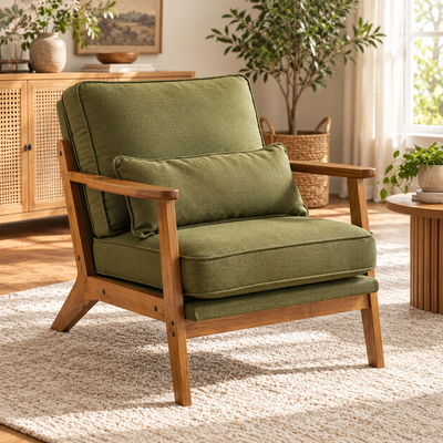 Olive green mid-century lounge accent chair with solid wood frame and lumbar pillow in a sunlit living room