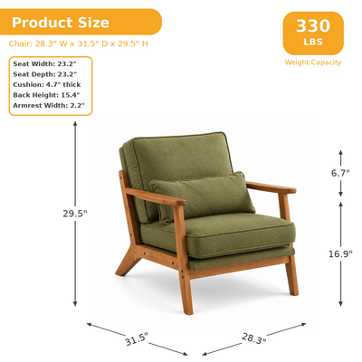 Product size chart for the lounge chair: 28.3 x 31.5 x 29.5 inches, 23.2 inch seat, 16.9 inch seat height, 330 lb capacity