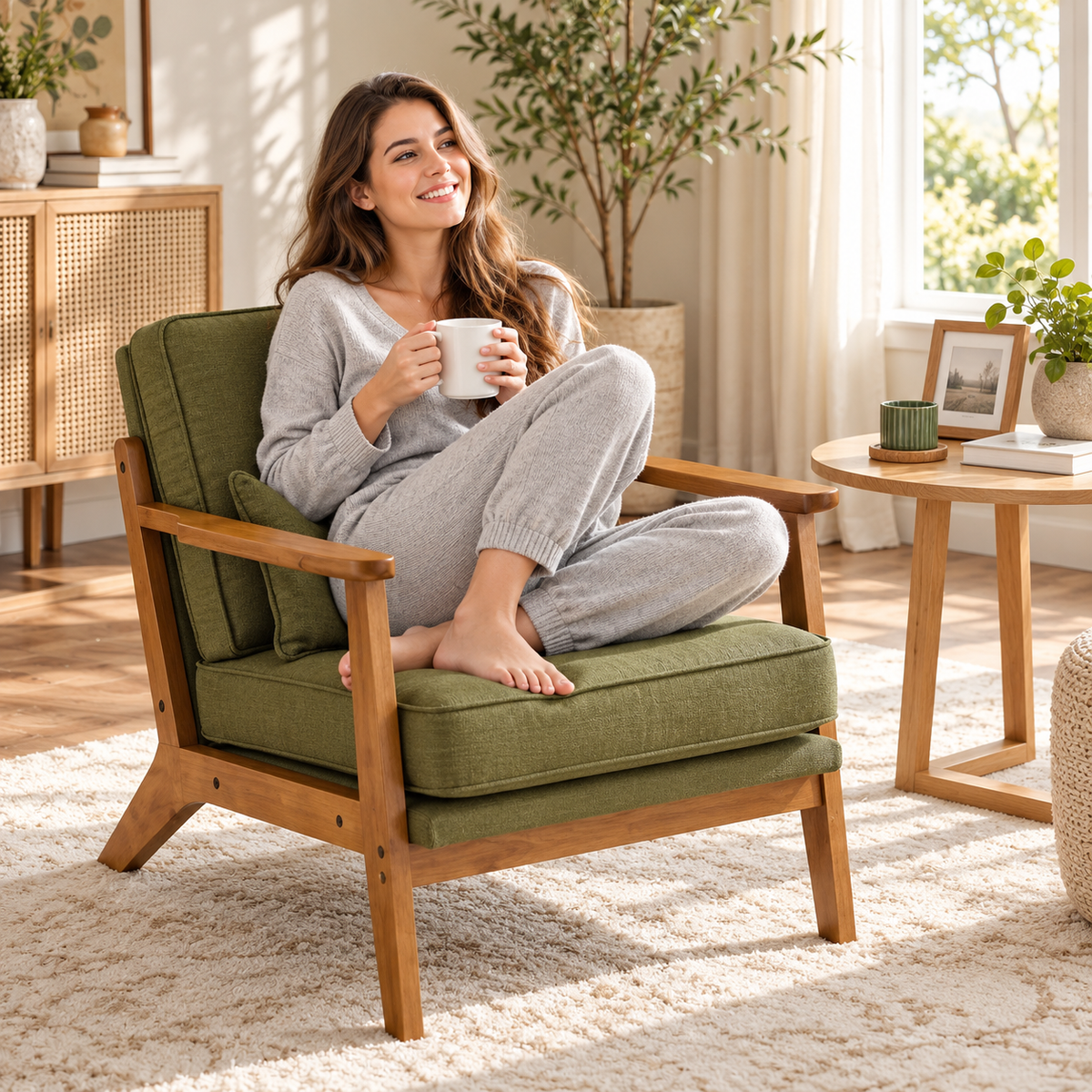 Woman relaxing with a mug in the olive green wood frame lounge chair