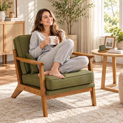 Woman relaxing with a mug in the olive green wood frame lounge chair