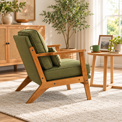 Side angle of the olive green lounge chair showing its angled backrest and flared wood legs
