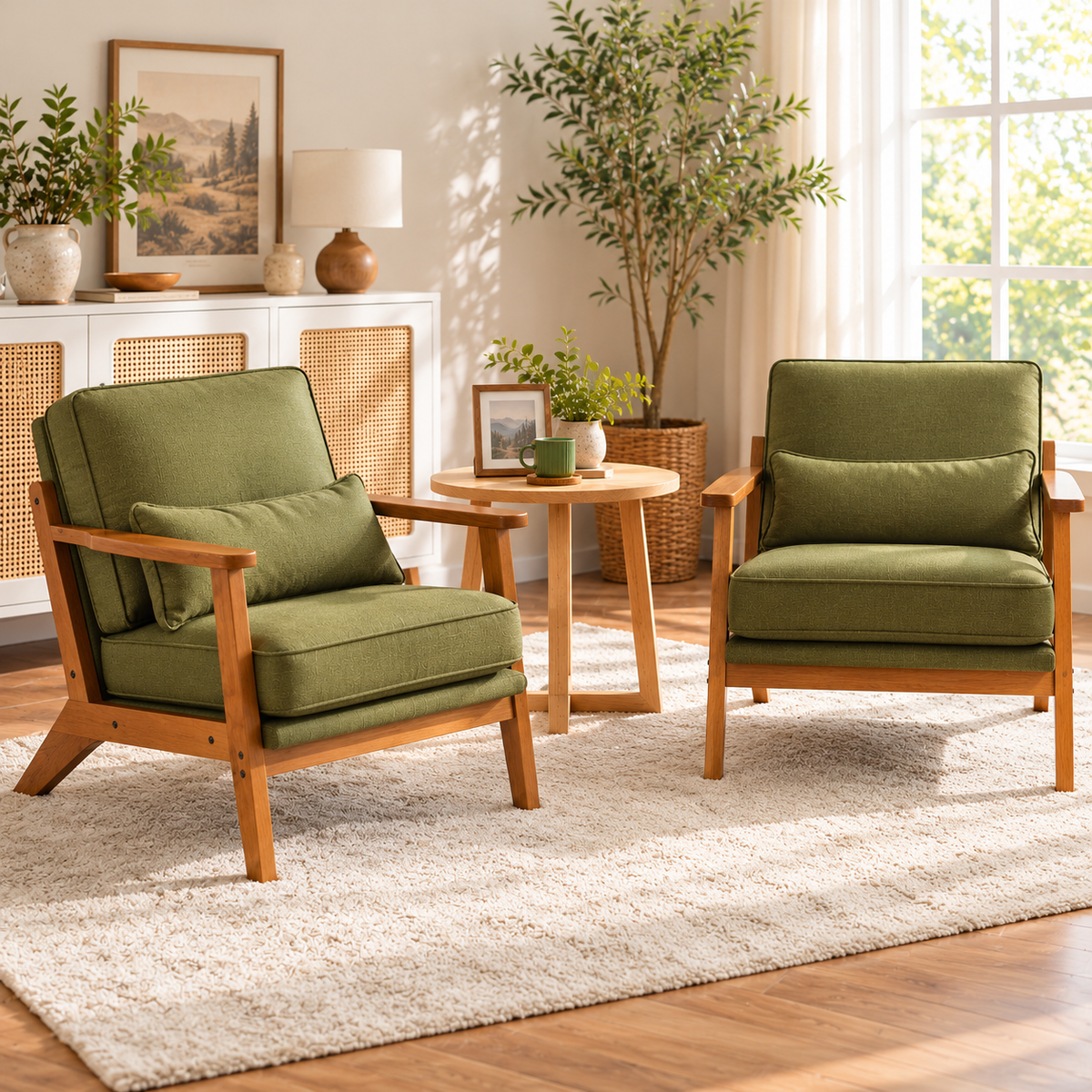 Pair of olive green mid-century lounge chairs around a round side table in a living room